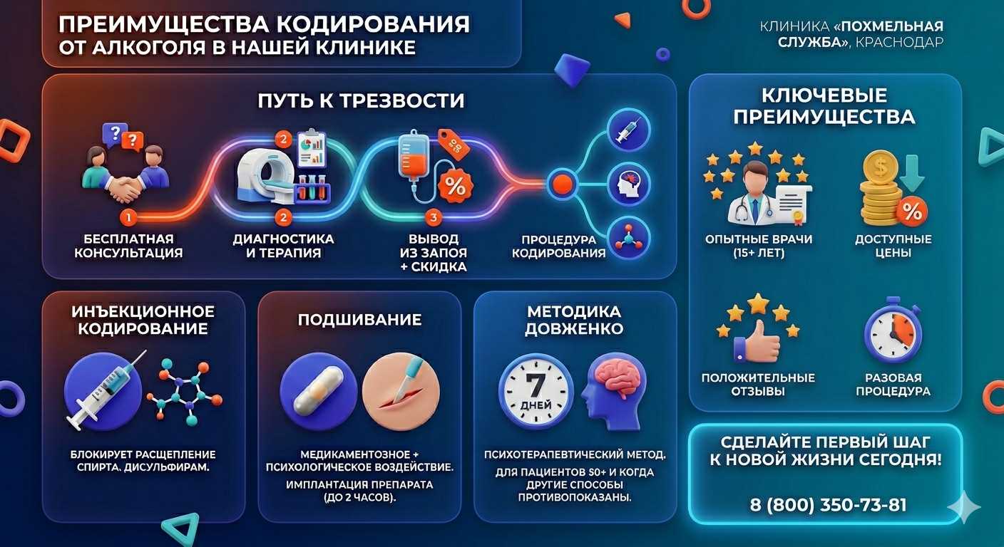 Инфографика о методах кодирования от алкоголя в Тихвине: инъекции, подшивание, метод Довженко. Преимущества клиники и этапы лечения.